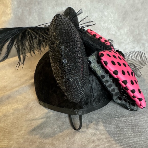 Disney Parks | Minnie Mouse Ears Hat Pink/Black Polka Dot Bows Feather Sequins - Picture 2 of 9